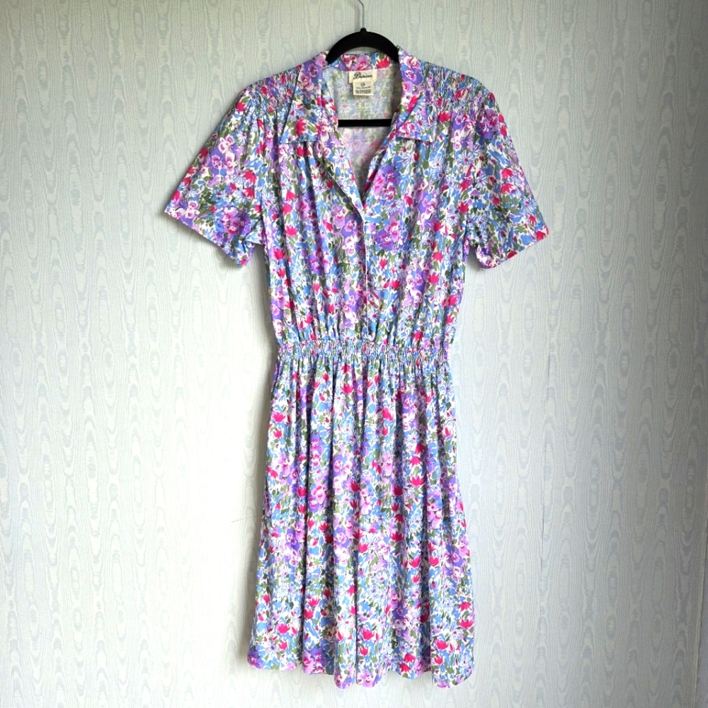 Vintage Darian 14 Smocked Jersey Floral Knee Length‎ Dress Cottagecore Prairie